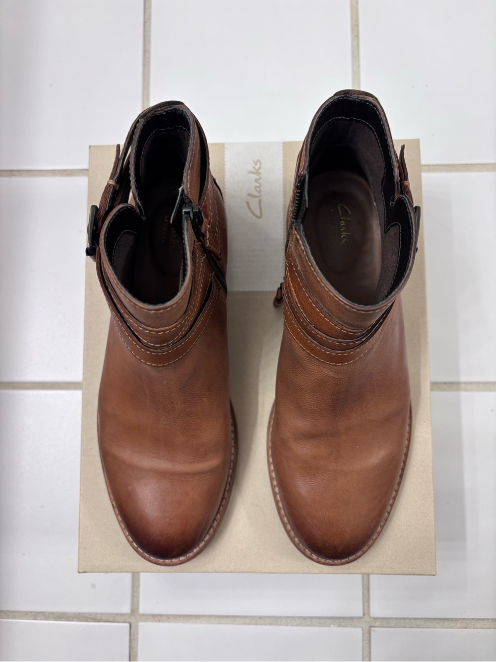 Clarks Tan Leather Ankle Booties with Buckle Strap - Picture 11 of 11